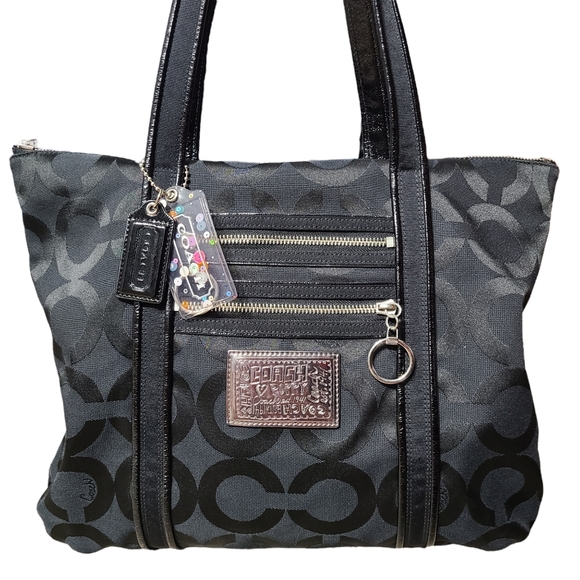 Coach Poppy Op Art Glam Tote Bag Black Signature Scarf - Picture 3 of 12